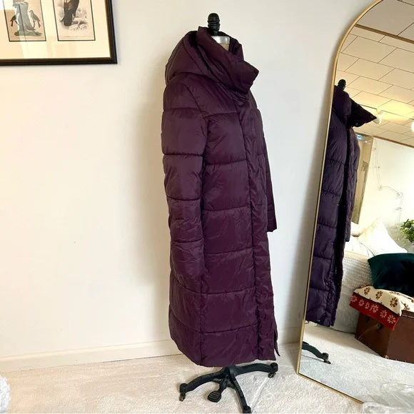 Banana Republic Dark Purple Long Hooded Oversized Puffer Jacket Sz Small Tall - Picture 2 of 10